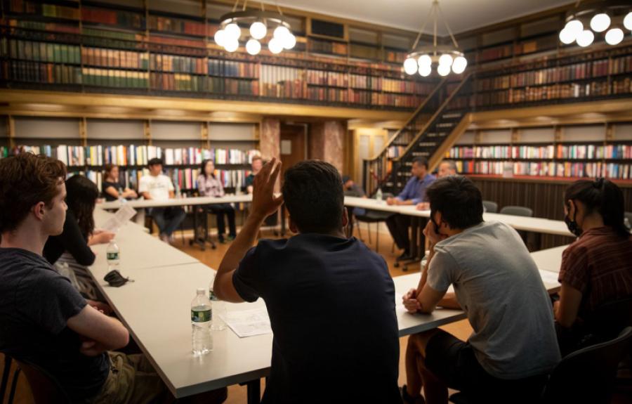 students seated around a table in class